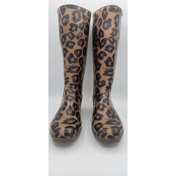 Coach Shoes - Coach Rain Boots Women 8 Leopard Print Brown Tristee Tall Rubber Lug
